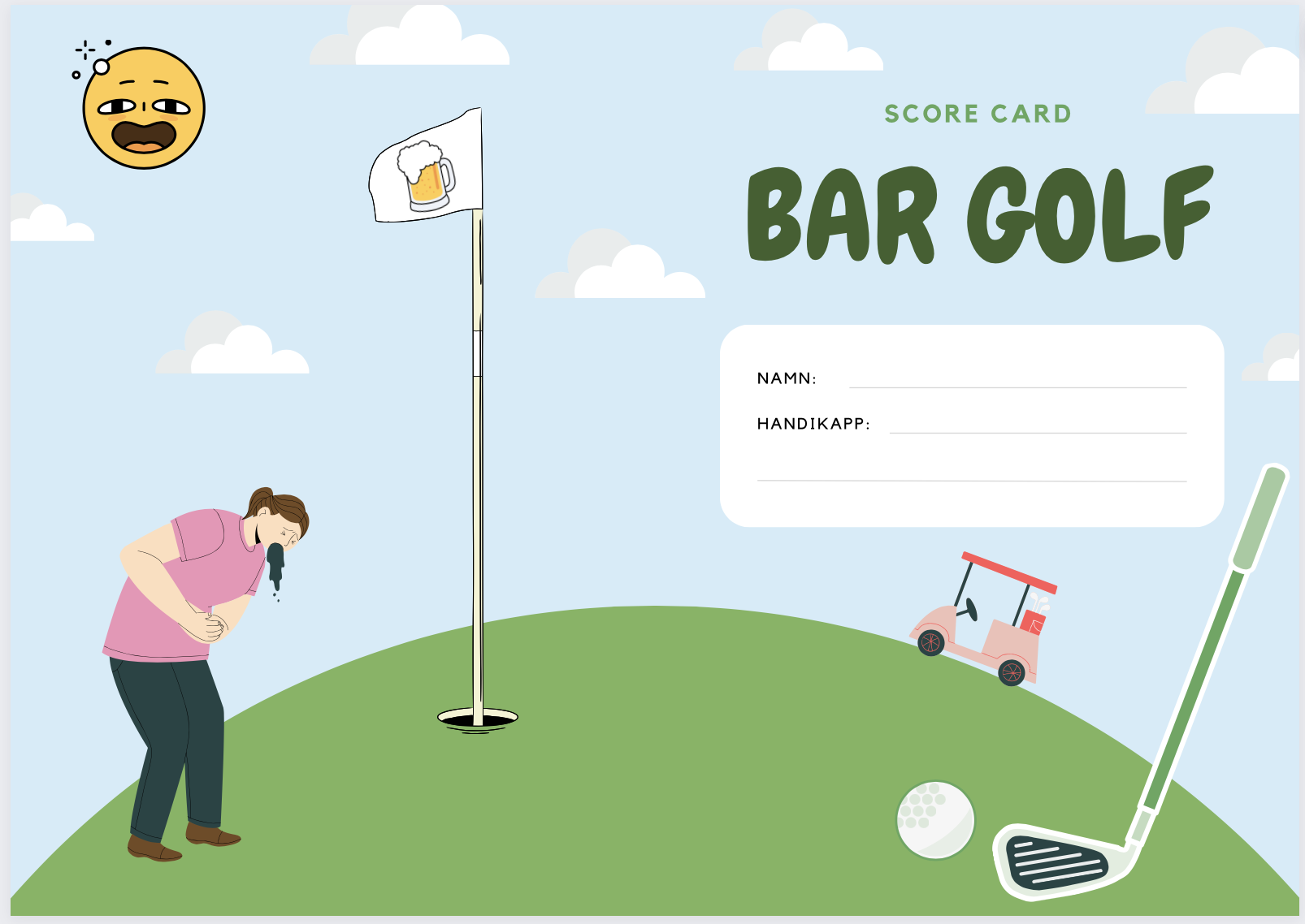 Bargolf scorecard framsida med namn och handikapp fält