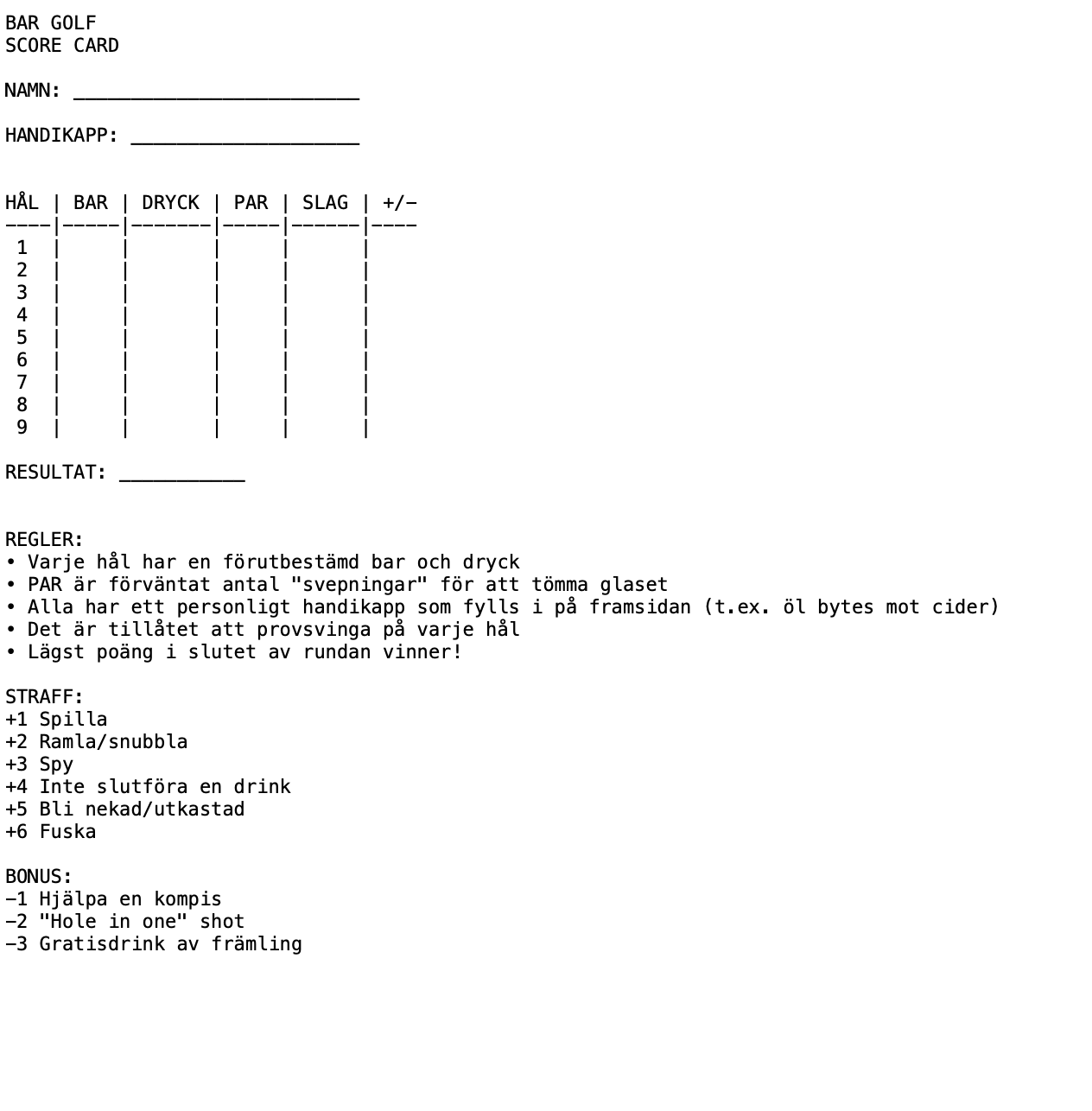 Enkel bargolf scorecard med grundläggande layout